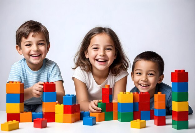 tres niños están jugando con bloques