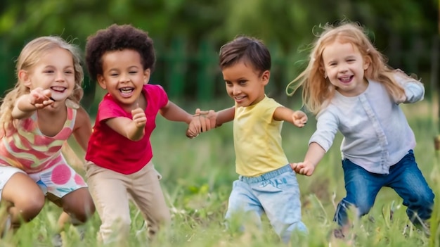 tres niños están jugando en un campo con sus brazos entre sí