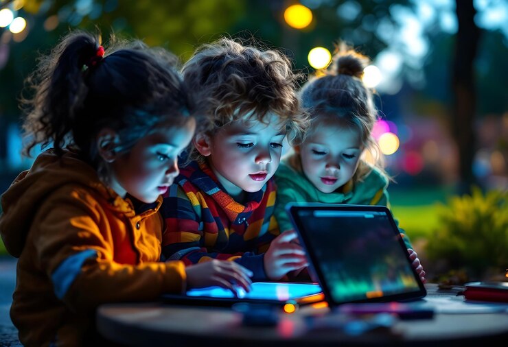 tres niños están jugando con una computadora portátil y la palabra cita la que está en la pantalla cita