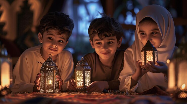 tres niños están jugando con una linterna y una linterna