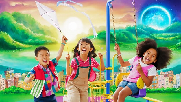 tres niños están jugando en un patio de recreo con el sol brillando a través de las nubes