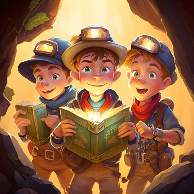 Foto tres niños están mirando un libro en una cueva generativa ai