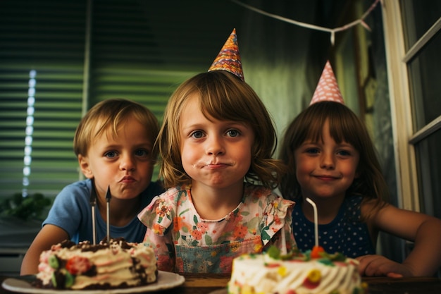Tres niños están sentados en una mesa con un pastel de cumpleaños y uno de ellos tiene un sombrero de cumpleaños.