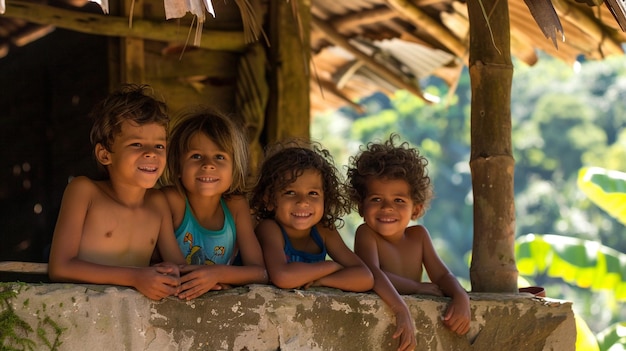 tres niños están sonriendo y posando para una foto