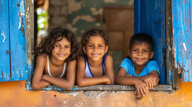 tres niños están sonriendo y posando para una foto