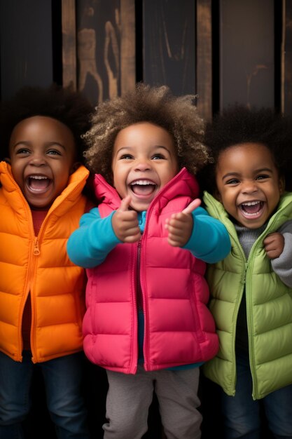 Tres niños felices con chalecos de colores