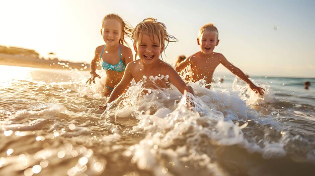 Tres niños felices jugando en las olas del océano