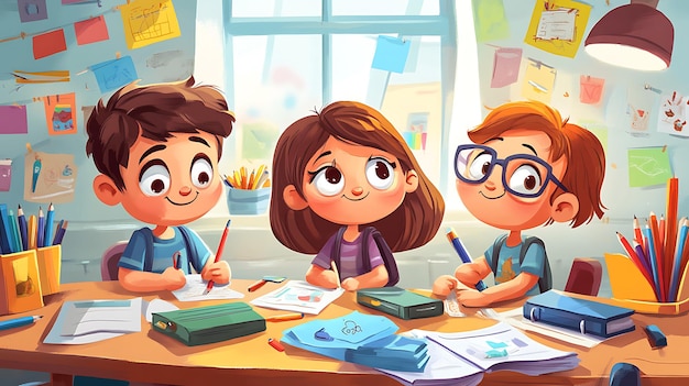 Tres niños felices trabajando en proyectos creativos en una colorida mesa de estudio