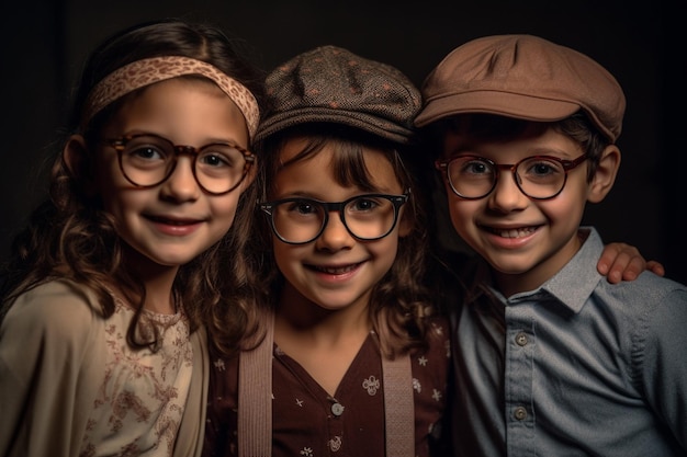 Tres niños con gafas y sombrero.