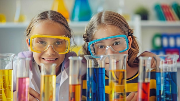 Tres niños con gafas sosteniendo los picos con tubos de ensayo