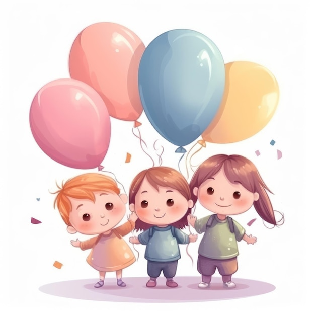 Tres niños con globos y la palabra feliz en la parte inferior.