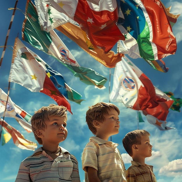 tres niños jóvenes de pie frente a una bandera que dice la palabra en él