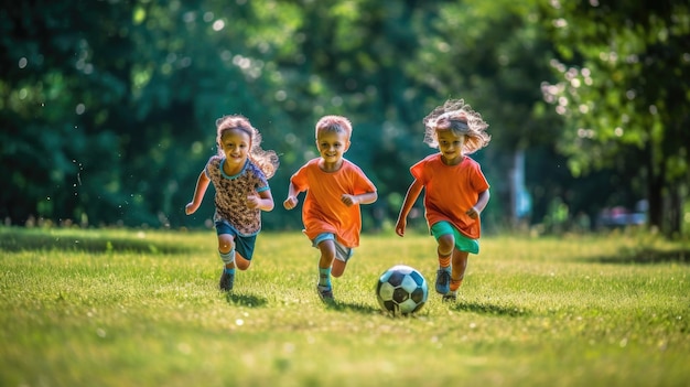 Tres niños jugando al fútbol en un campo