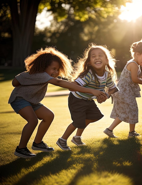 Foto tres niños jugando a la cuerda de arrastre en un parque al atardecer