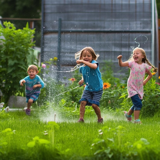 Tres niños jugando en un jardín con un rociador