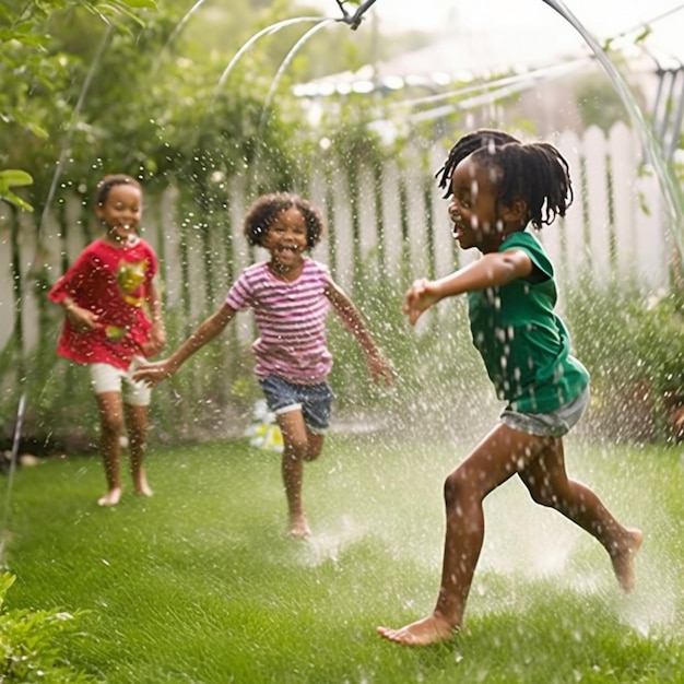 Tres niños jugando en un jardín con rociadores