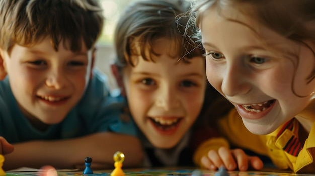tres niños jugando a un juego de ajedrez con un tablero de madera con un hombre y una mujer