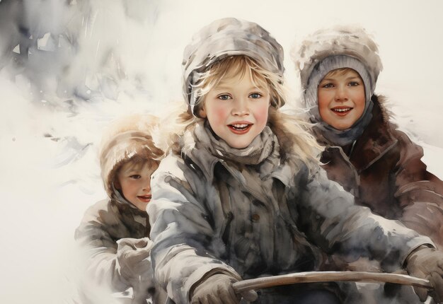 Tres niños jugando en la nieve