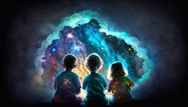 Tres niños miran hacia el portal del universo estelar.