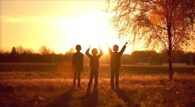 Tres niños se paran en un campo con el sol brillando