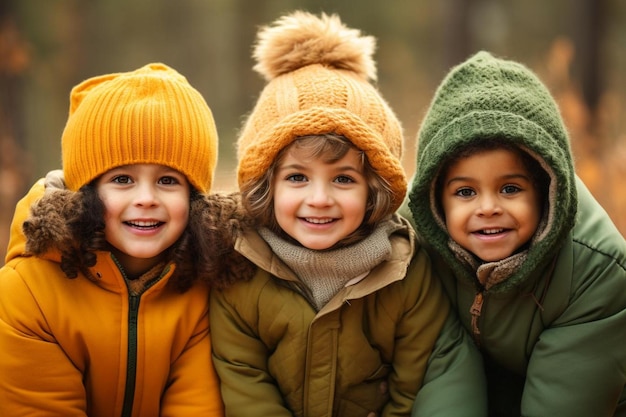 tres niños pequeños con abrigos y sombreros de invierno