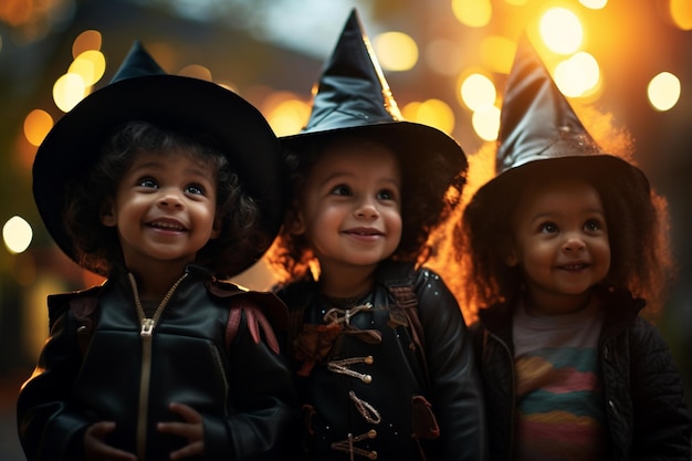 Tres niños pequeños disfrazados celebrando Halloween juntos con la IA generativa