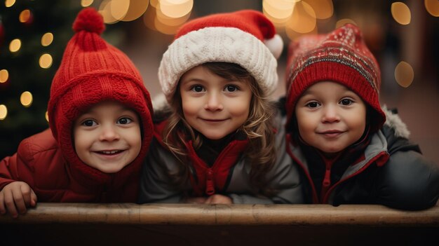 Tres niños pequeños con sombreros y bufandas navideños