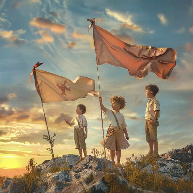 tres niños de pie en una montaña con una bandera y una cruz roja