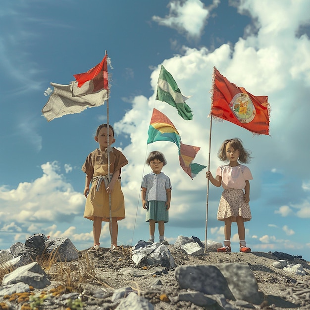 Foto tres niños de pie en una montaña con banderas y banderas que dicen pompei