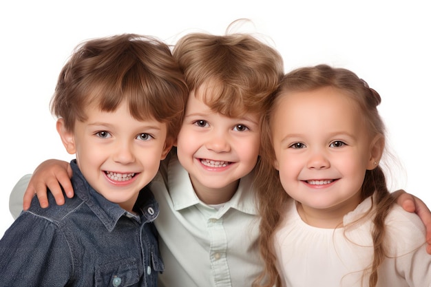 Tres niños posando para una foto aislados en blanco