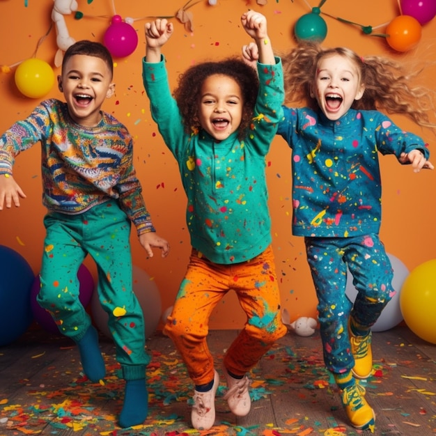 Tres niños saltando en una habitación cubierta de confeti