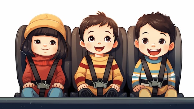Tres niños sentados en un asiento de automóvil con la cabeza en alto generativa ai