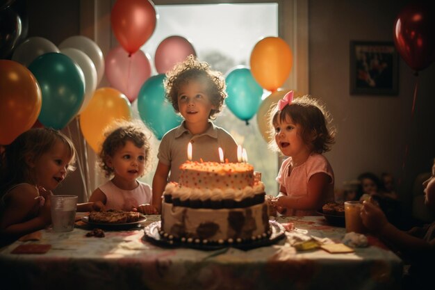 Tres niños sentados en una mesa con un pastel con el número 7.