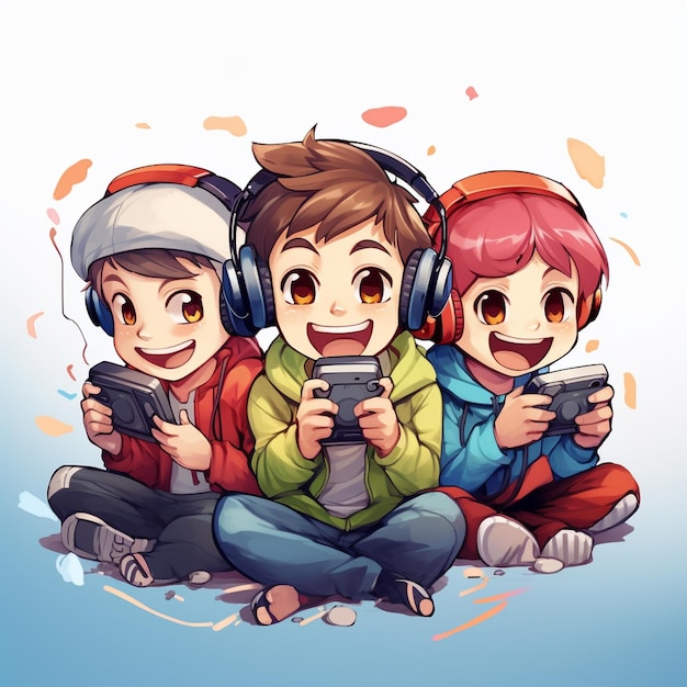 Tres niños sentados en el suelo jugando videojuegos juntos