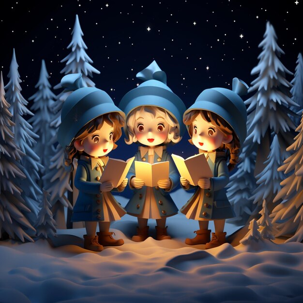 Foto tres niños con sombreros azules están cantando en la nieve generativo ai