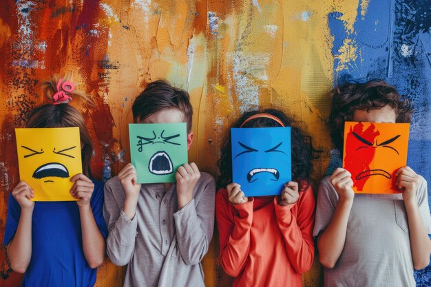 Foto tres niños sosteniendo papel con las palabras triste y triste en ellos