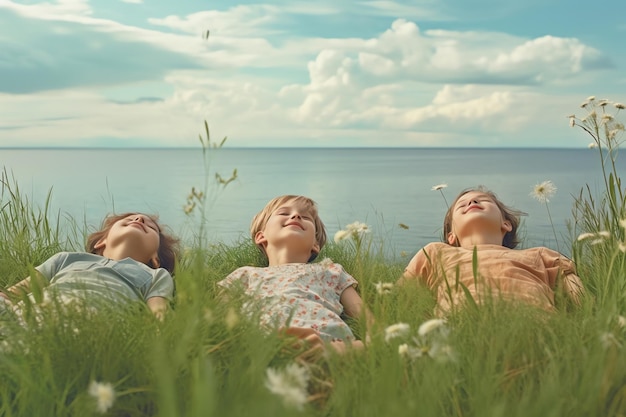 Tres niños tirados en el pasto frente a un lago