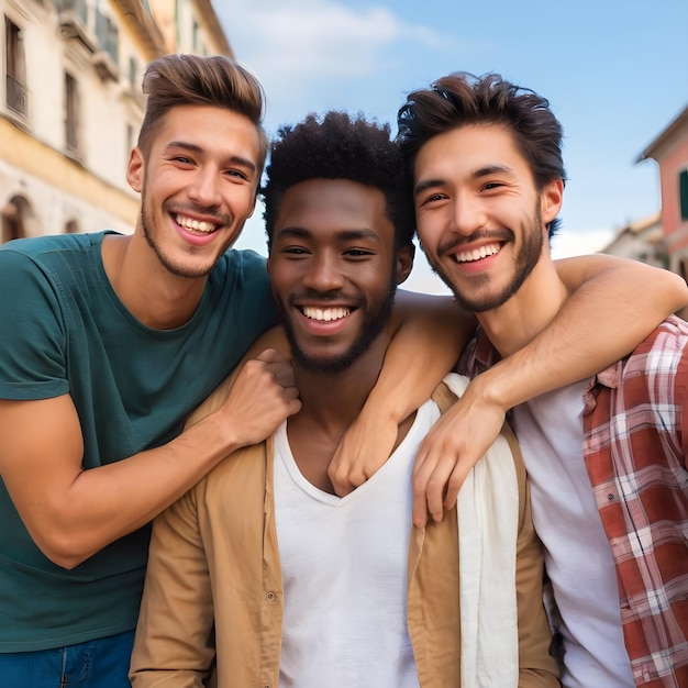 Tres novios felices uno europeo uno asiático y uno africano todos trazan su buena fortuna a wh