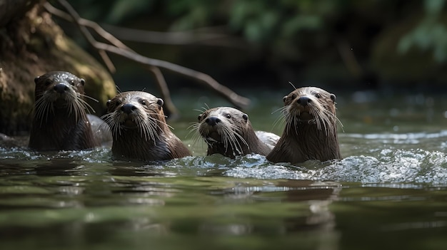 Tres nutrias nadan en un río.