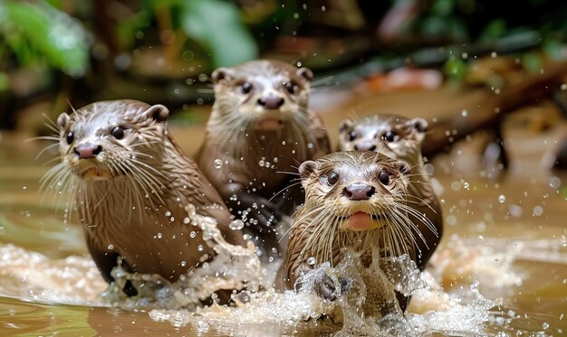 Foto tres nutrias en la orilla de un río parecen lúdicas e inquisitivas generar ia