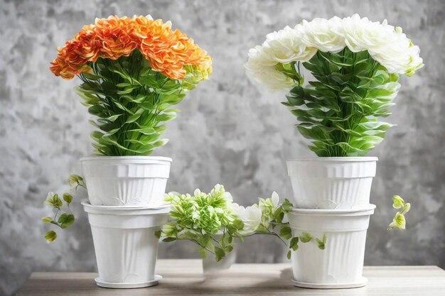 Foto tres ollas blancas con flores en ellas con una que dice flores