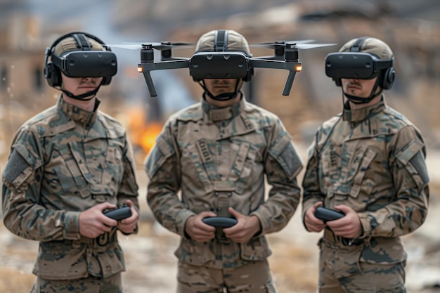 Três operadores militares em óculos de realidade virtual controlam um quadcopter armas militares modernas