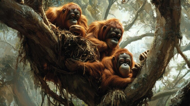 Foto tres orangutanes descansando en un árbol