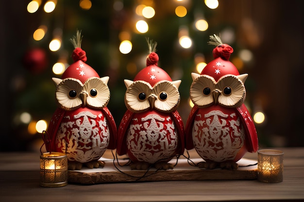 Três ornamentos de coruja de Natal em uma superfície de madeira
