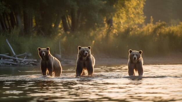 Tres osos marrones de pie en el río con su pelaje húmedo enmarañado contra el telón de fondo de un denso bosque