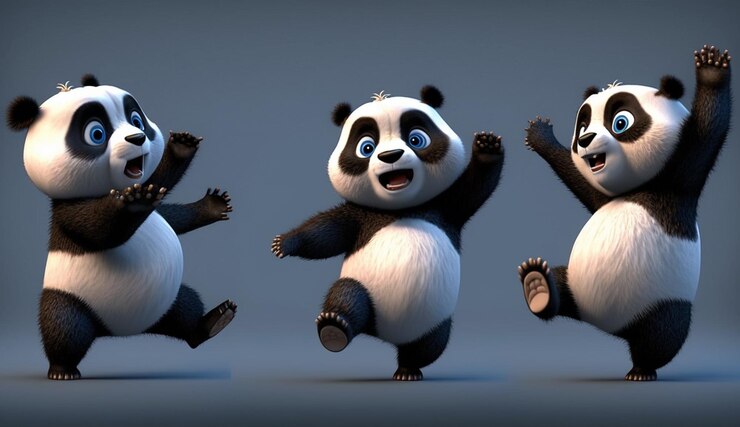 Foto tres osos panda están bailando y posando para una imagen generativa ai