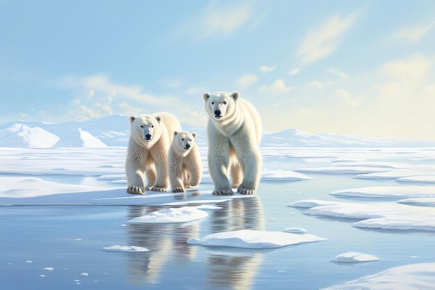 Tres osos polares en el hielo al norte de Svalbard, Noruega Ártica