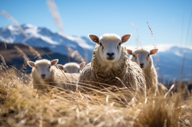 Tres ovejas en el prado de la ladera de la colina Wanaka Ski Area Road South Island Nueva Zelanda