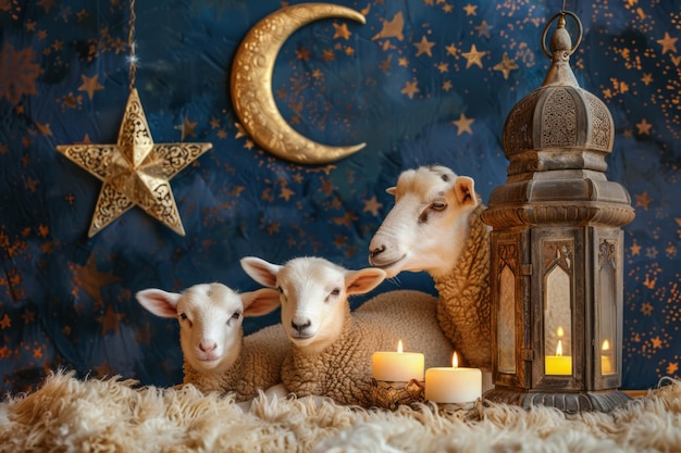 três ovelhas estão sentadas na frente de uma lua e uma estrela com uma estrela no fundo