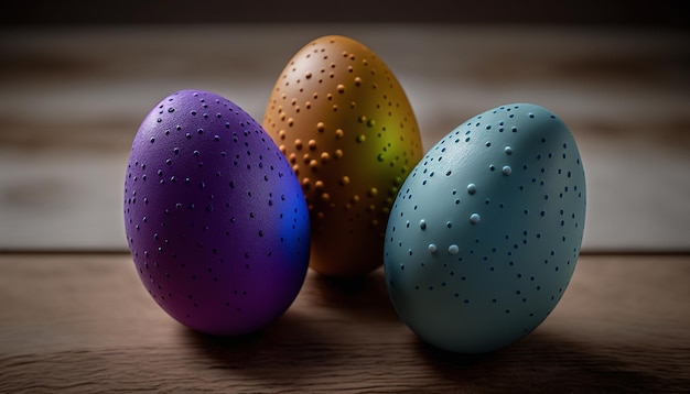 Três ovos de páscoa coloridos em uma mesa de madeira